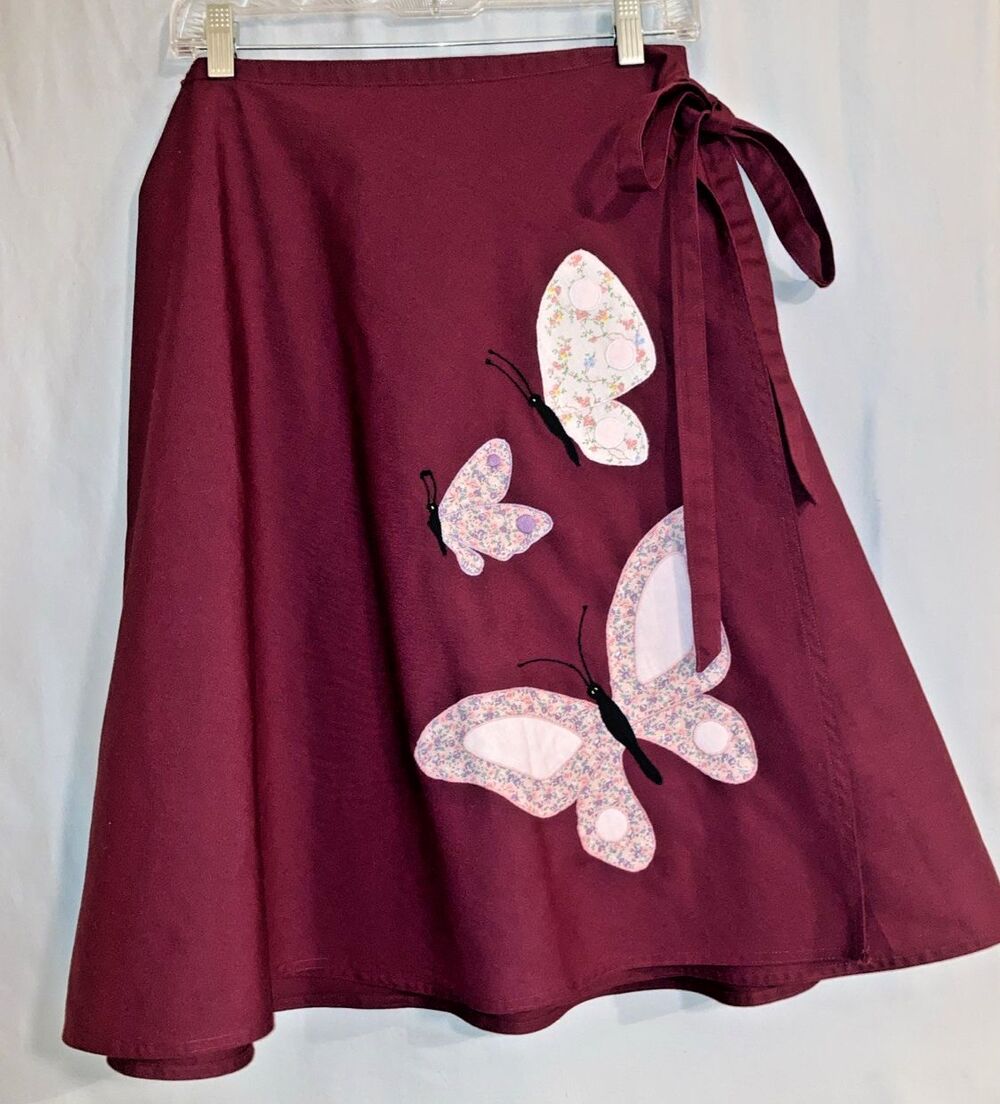 Womens‎ M Burgundy Butterfly Applique Vintage Wrap Skirt Retro Boho Praire Folk